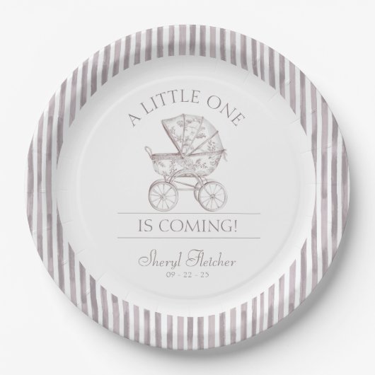 Neutral Toile Babydusche Pappteller (Vorderseite)