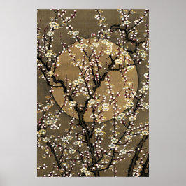 Neutral Tone Full Moon Cherry Blossom Design Art Poster