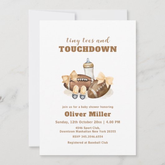 Neutral Touchdown Bow Football Bottle Baby Shower Einladung (Vorderseite)