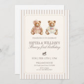 Neutral Twin Beary First Birthday Teddy Bear Einladung (Vorne/Hinten)