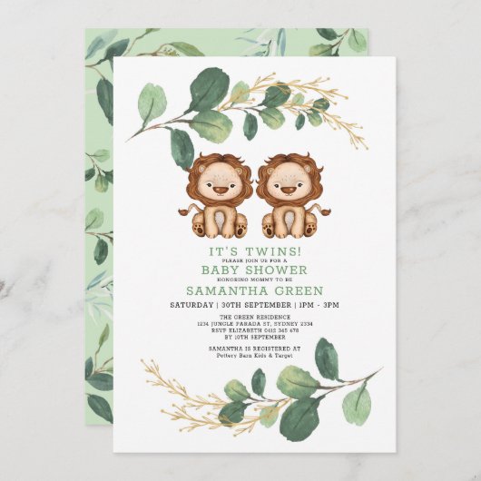 Neutral Twin Lion Greenery Gold Jungle Baby Shower Einladung (Vorne/Hinten)