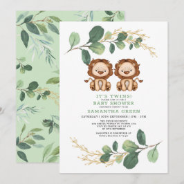 Neutral Twin Lion Greenery Gold Jungle Baby Shower Einladung
