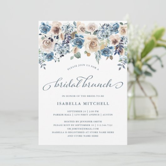 Neutral und blau | Bridal Brunch Einladung (Stehend Vorderseite)