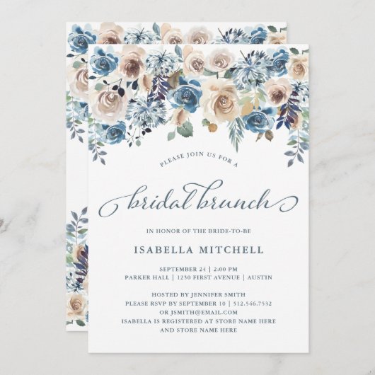 Neutral und blau | Bridal Brunch Einladung (Vorne/Hinten)