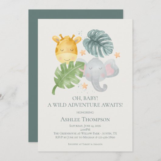 Neutral Watercolor Jungle Animals Baby Shower Einladung (Vorne/Hinten)