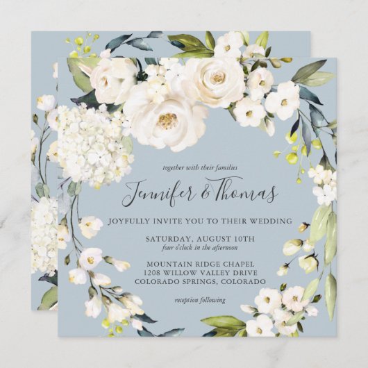 Neutral White Floral Dusty Blue Square Wedding Einladung (Vorne/Hinten)