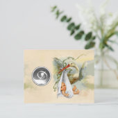 NEUTRAL WHITE STORK BABY DUSCHE GEMSTONE MONOGRAMM EINLADUNGSPOSTKARTE (Stehend Vorderseite)