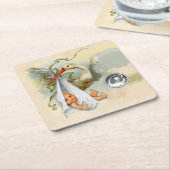 NEUTRAL WHITE STORK BABY DUSCHE GEMSTONE MONOGRAMM RECHTECKIGER PAPPUNTERSETZER (angewinkelt)