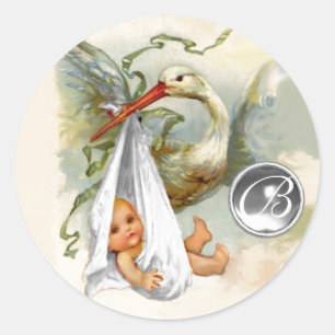 NEUTRAL WHITE STORK BABY DUSCHE GEMSTONE MONOGRAMM RUNDER AUFKLEBER