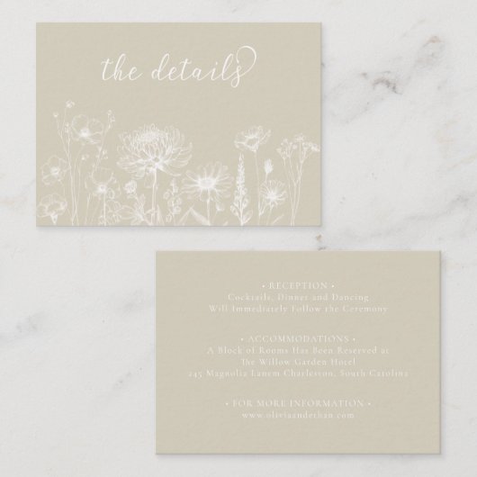 Neutral Wildflower Details Card Minimalist Wedding Begleitkarte (Vorne/Hinten)