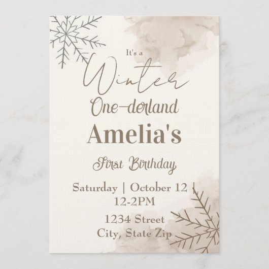 Neutral Winter First Birthday Invitation – Minimal Einladung (Vorderseite)
