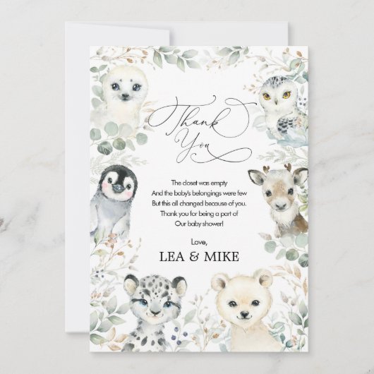 Neutral Winter Wonderland Niedliche Tiere Babydusc Dankeskarte (Vorderseite)