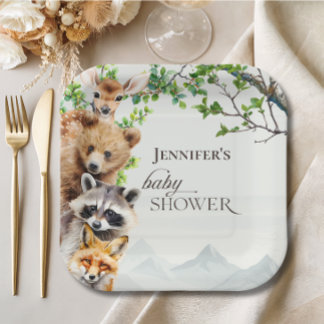 Neutral Woodland Wildlife Baby Shower Party Table Pappteller