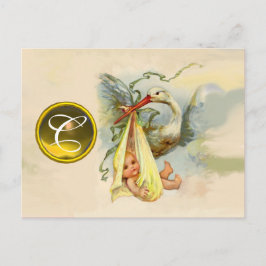 NEUTRAL YELLOW STORK BABY SHOWER GEMSTONE MONOGRAM EINLADUNGSPOSTKARTE