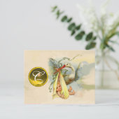 NEUTRAL YELLOW STORK BABY SHOWER GEMSTONE MONOGRAM EINLADUNGSPOSTKARTE (Stehend Vorderseite)