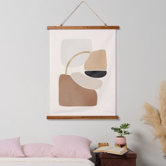 Neutrale Abstrakte Formen | Minimale moderne Kunst Wandteppich Mit Holzrahmen (Schlafzimmer)
