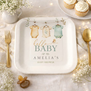 Neutrale Aquarell-Baby-Wäscheleine-Baby-Party Pappteller