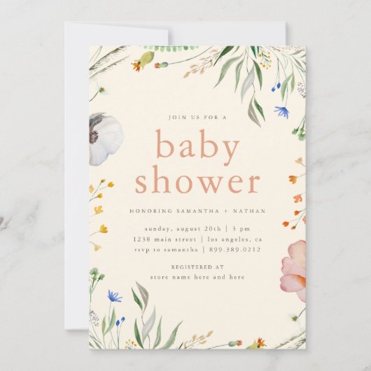 Neutrale Aquarellblütendusche Einladung (Vorderseite)
