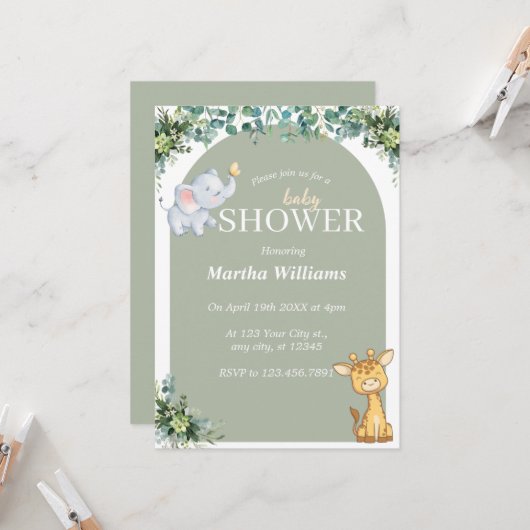 Neutrale Baby-Dusche für Grüntiere Einladung (Vorderseite/Rückseite Beispiel)