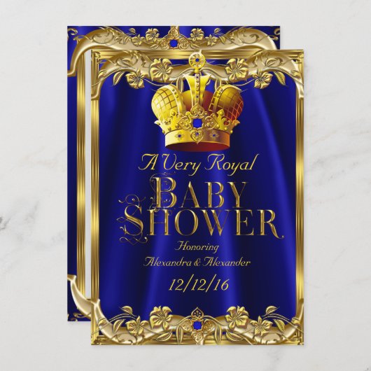 Neutrale Baby Dusche Royal Blue Gem Gold Crown Einladung (Vorne/Hinten)