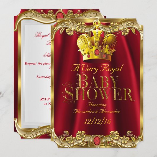 Neutrale Baby Dusche Royal Red Gem Gold Crown Einladung (Vorne/Hinten)