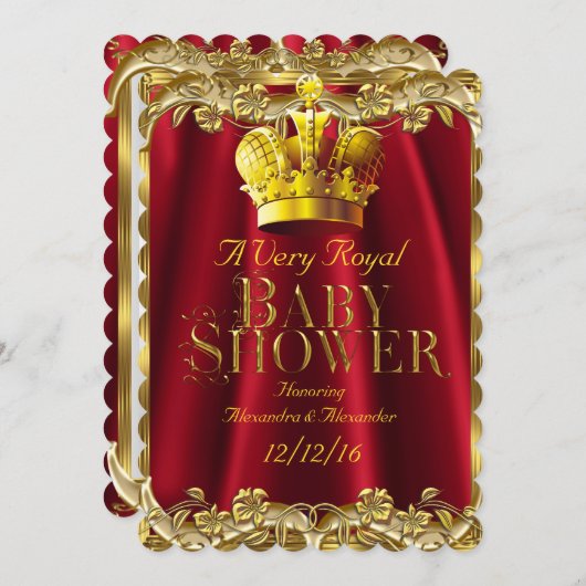 Neutrale Baby Dusche Royal Regal Red Gold Crown Einladung (Vorne/Hinten)