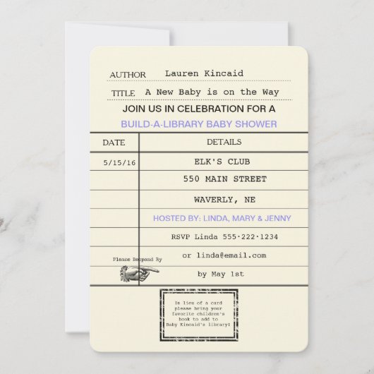 Neutrale Baby Vintag Library Card Dusche Einladung (Vorderseite)
