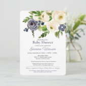 Neutrale Babydusche Blue & Cream Floral Einladung (Stehend Vorderseite)