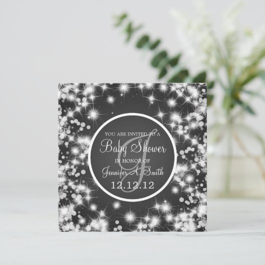 Neutrale Babydusche Elegant Winter Sparkle Schwarz Einladung (Stehend Vorderseite)