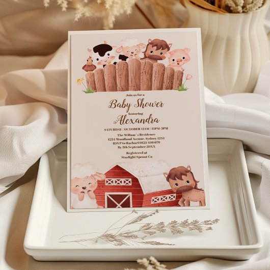 Neutrale Babydusche für rustikale Nutztiere Einladung