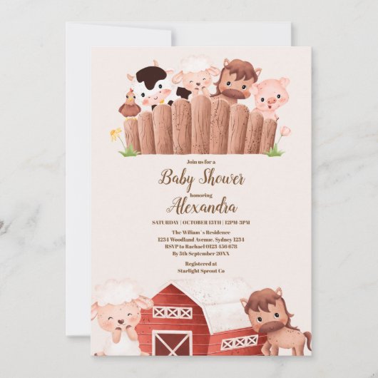 Neutrale Babydusche für rustikale Nutztiere Einladung (Vorderseite)