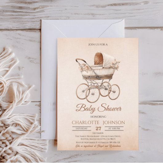 Neutrale Babydusche für Vintage Klassiker Einladung