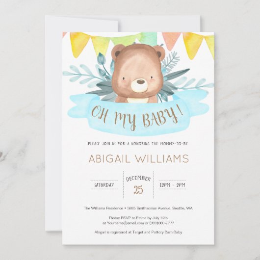 Neutrale Babydusche für Wasserfarbenbären Einladung (Vorderseite)