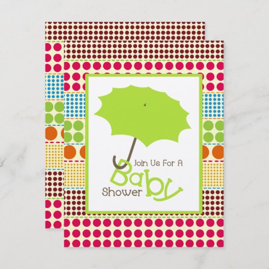 Neutrale Babydusche - Grüner Regenschirm & Boho Do Einladung (Vorne/Hinten)
