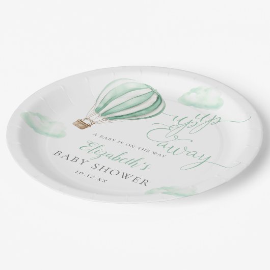 Neutrale Babydusche mit Heißluftballon Pappteller (Schrägansicht)