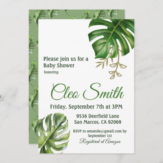 Neutrale Babydusche mit modernem tropischem Leaf Einladung (Vorne/Hinten)