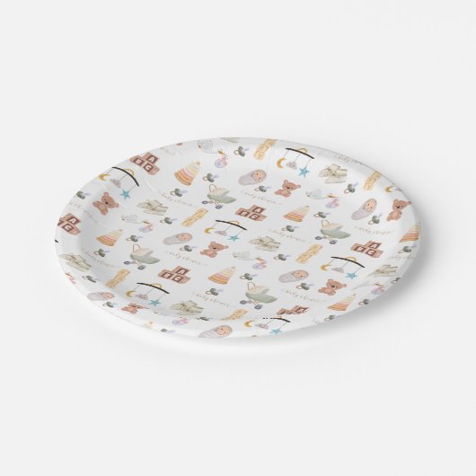 Neutrale Babydusche Pappteller (Schrägansicht)