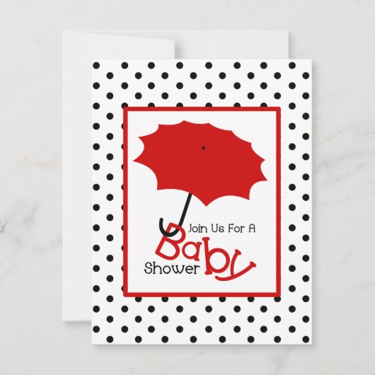 Neutrale Babydusche - Red Umbrella & Polka Dots Einladung (Vorderseite)