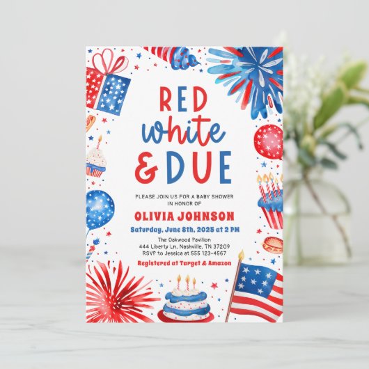 Neutrale Babydusche, rot, weiß und Geschlecht Einladung (Stehend Vorderseite)