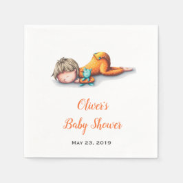 Neutrale Babydusche, weiße Servietten mit Baby