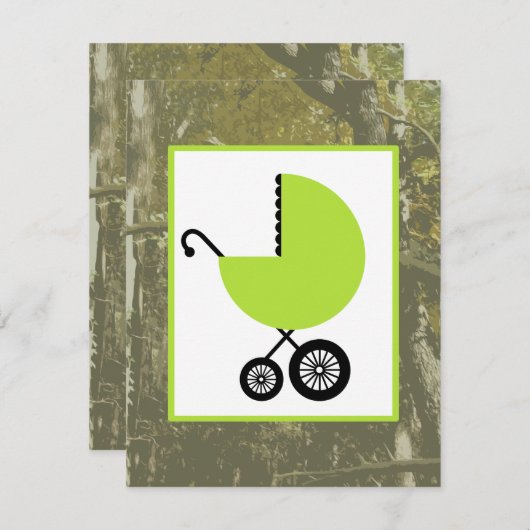 Neutrale Babyparty - grüner Wagen u. Tarnung Einladung (Vorne/Hinten)