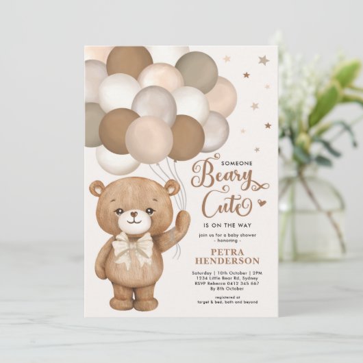 Neutrale Beary Niedlich Teddy Bear Baby Shower I Einladung (Stehend Vorderseite)