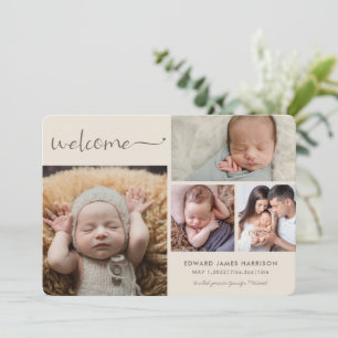 Neutrale beige Baby-Fotocollage Willkommen bei der Ankündigung
