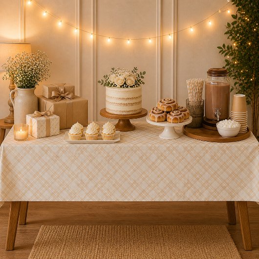Neutrale Beige Gingham Babyshower-Tischdecke Tischdecke
