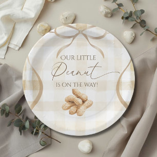 Neutrale Beige Gingham Erdnuss Baby Shower Dekorat Pappteller