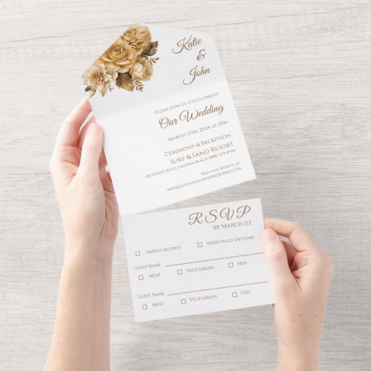 Neutrale Blume Bouquet-White Hochzeit All In One Einladung (Abreißen)