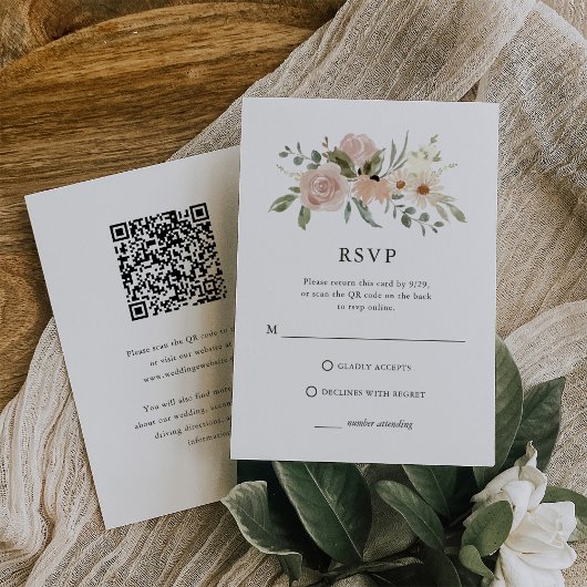 Neutrale Blume | Combo QR Code und Traditionelle RSVP Karte