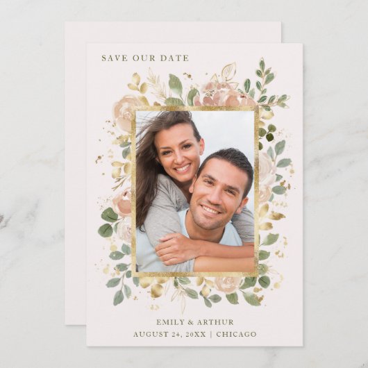 Neutrale Blume in Rosa | Gold-Foto-Rahmen Save The Date (Vorne/Hinten)