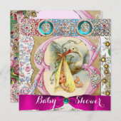 NEUTRALE BLUMENSTORK BABY DUSCHE MIT GEMSTONES EINLADUNG (Vorne/Hinten)