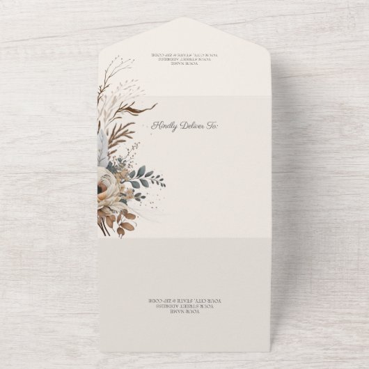 Neutrale Bohemische Blume und Federn All In One Einladung (Außenbereich)